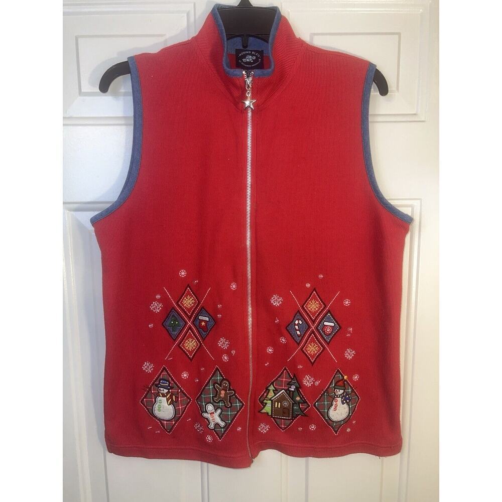 Moving Bleu Women’s Christmas Sweater Vest Holiday Zip Red Medium Holiday Jacket